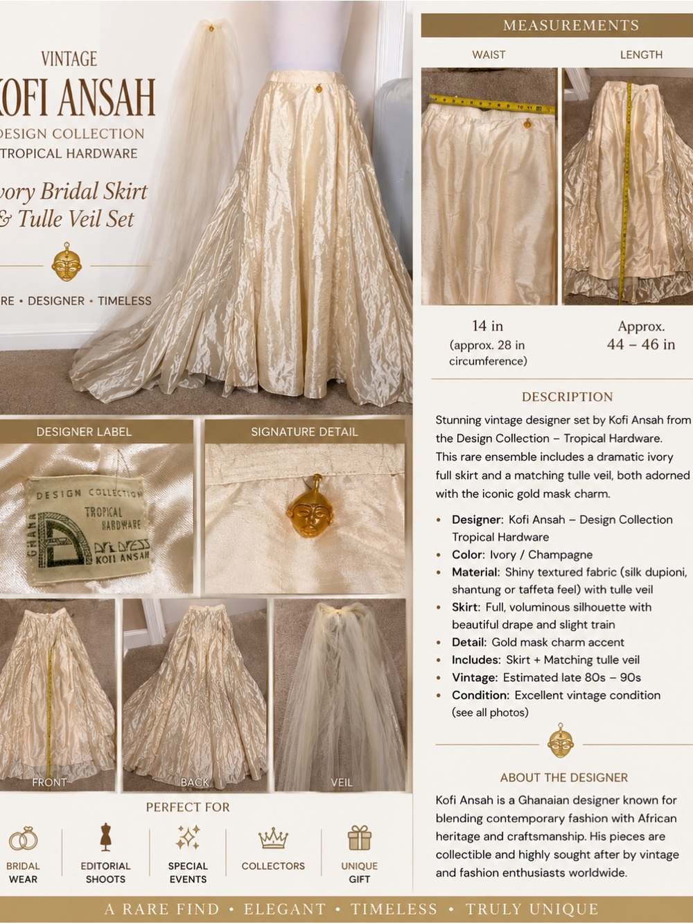 Ivory Vintage Bridal Maxi Skirt with Tulle Veil - Picture 2 of 13